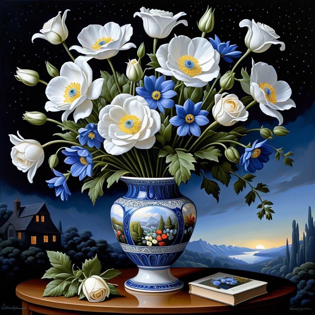 Vibrant Still Life with Vase of Flowers and Landscape