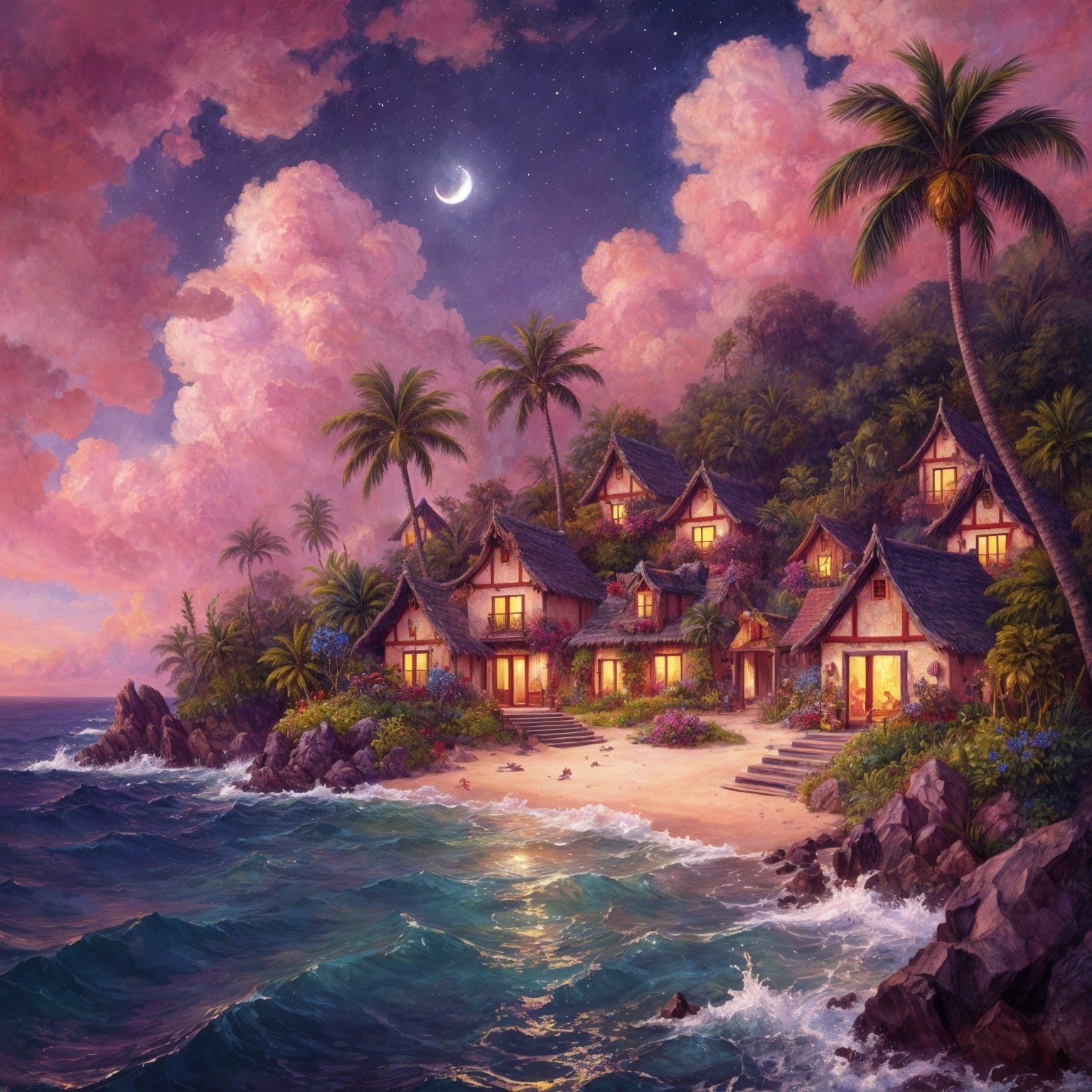 Tranquil Tropical Dusk with Seaside Cottages and Moonlight