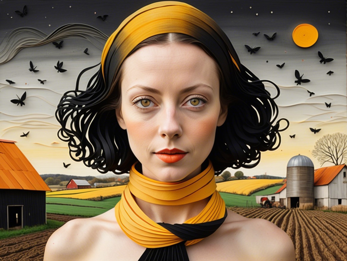 Woman in Unique Scarf Against Surreal Landscape