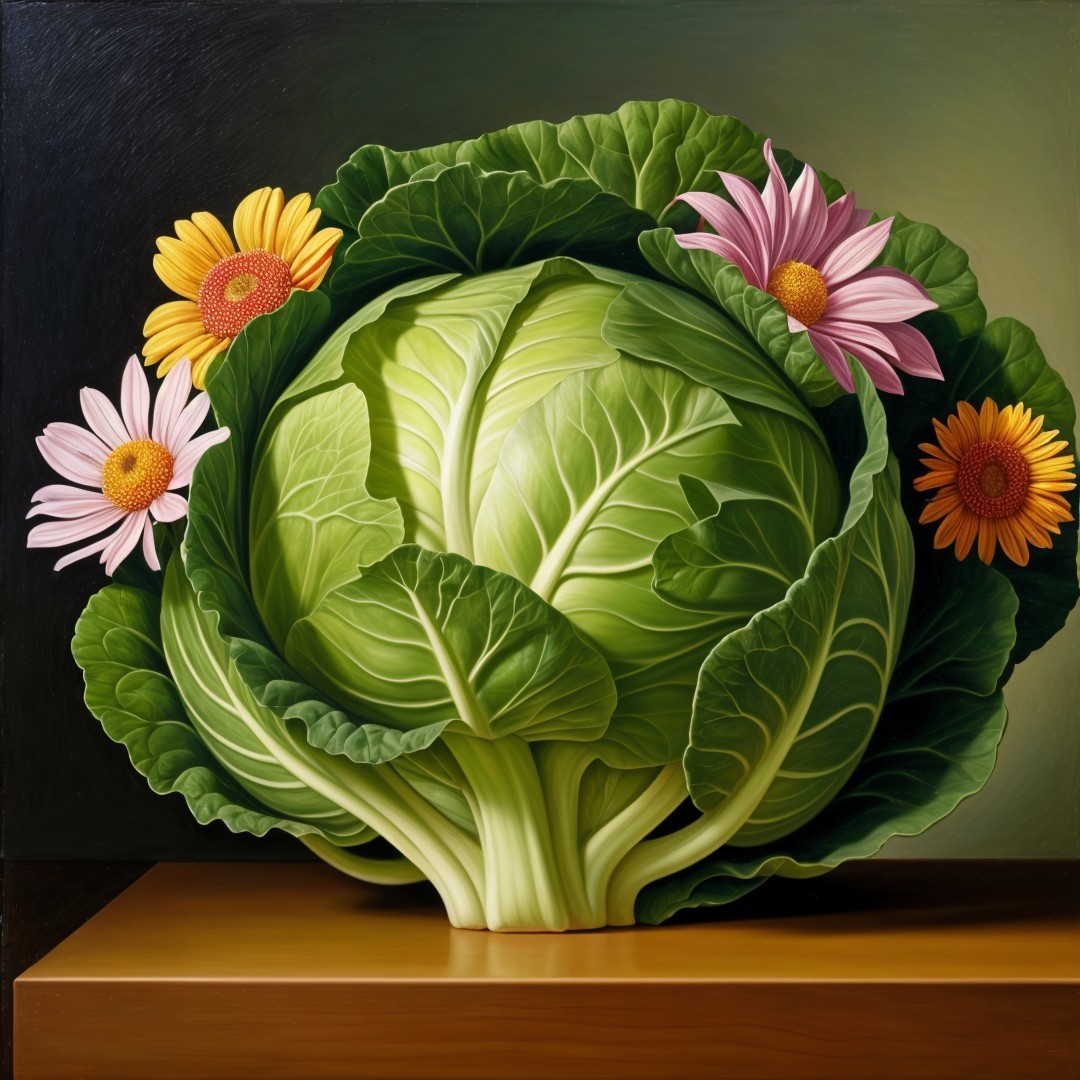 Vibrant Still Life of Cabbage and Colorful Flowers
