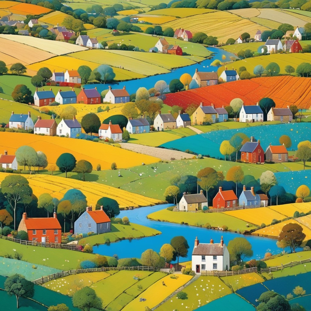 Vibrant Rural Landscape with Rolling Hills and Cottages
