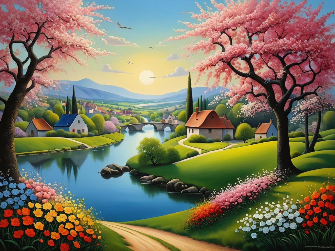 Serene landscape with river, flowers, and sunset sky