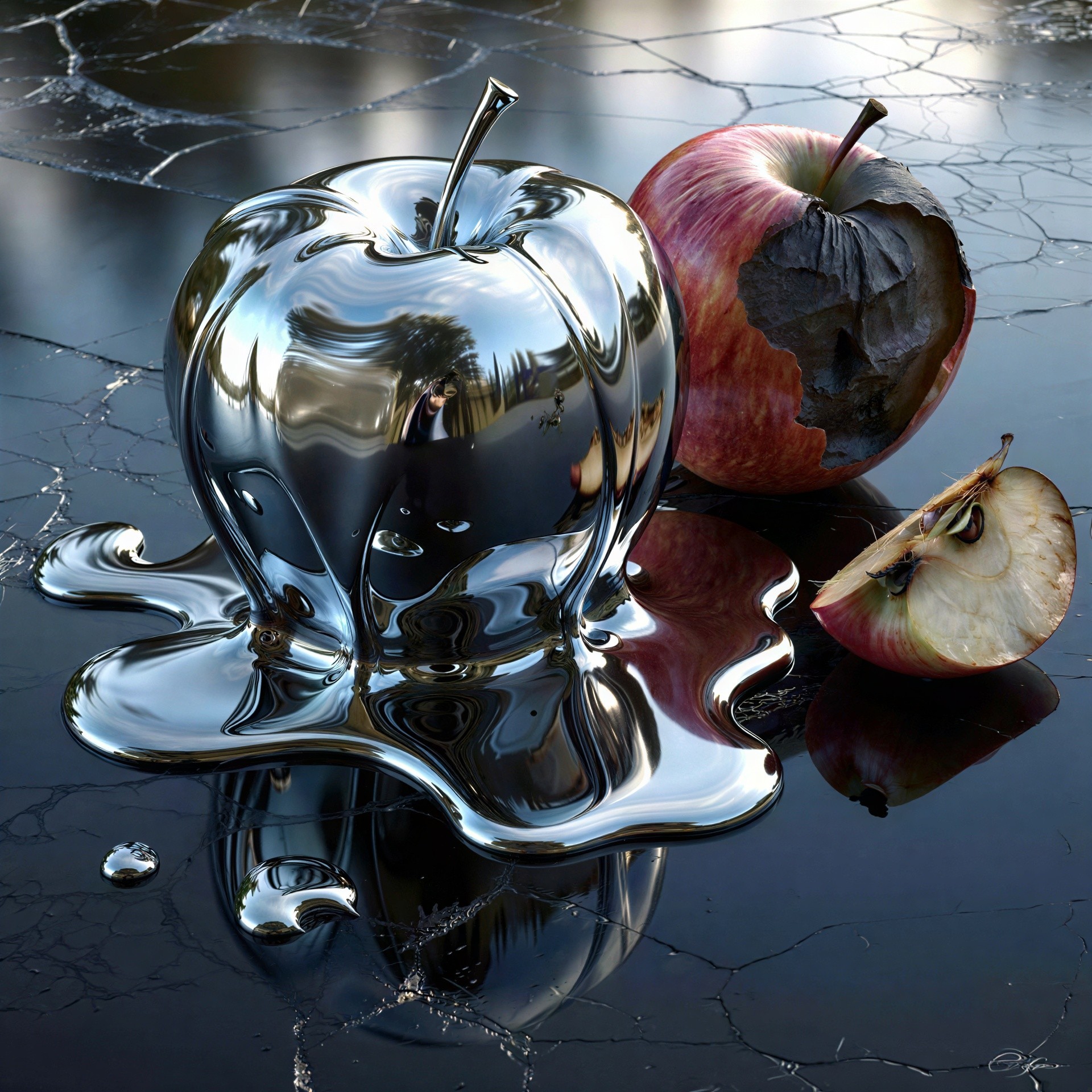 Photorealistic Still Life of Melting Chrome Apple
