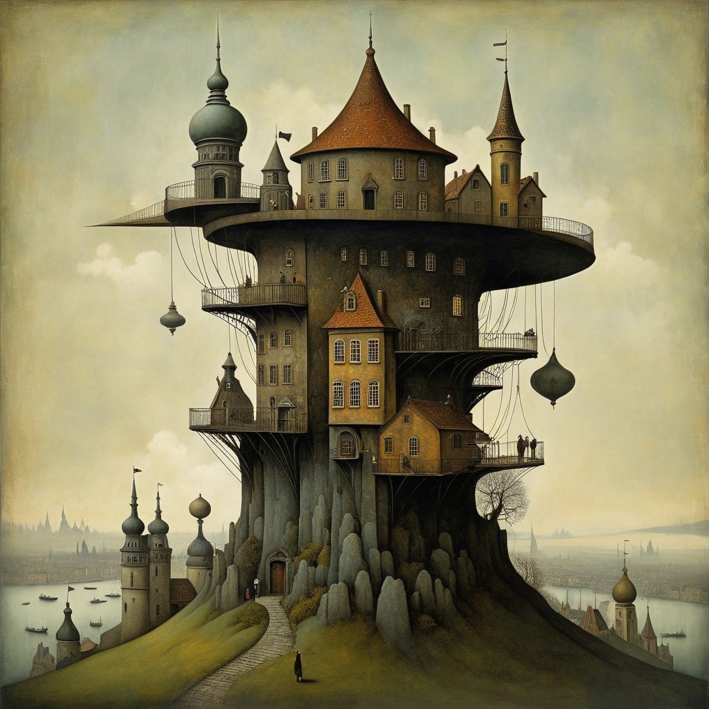Surreal Structure with Floating Houses and Landscape
