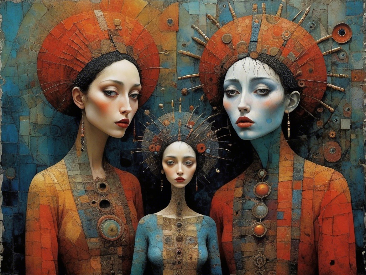 Three Stylized Figures with Elaborate Headdresses and Jewelry