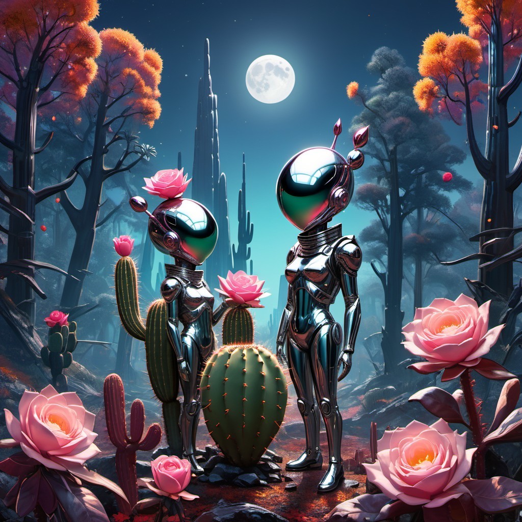 Surreal Alien Landscape with Chrome Figures and Cactus