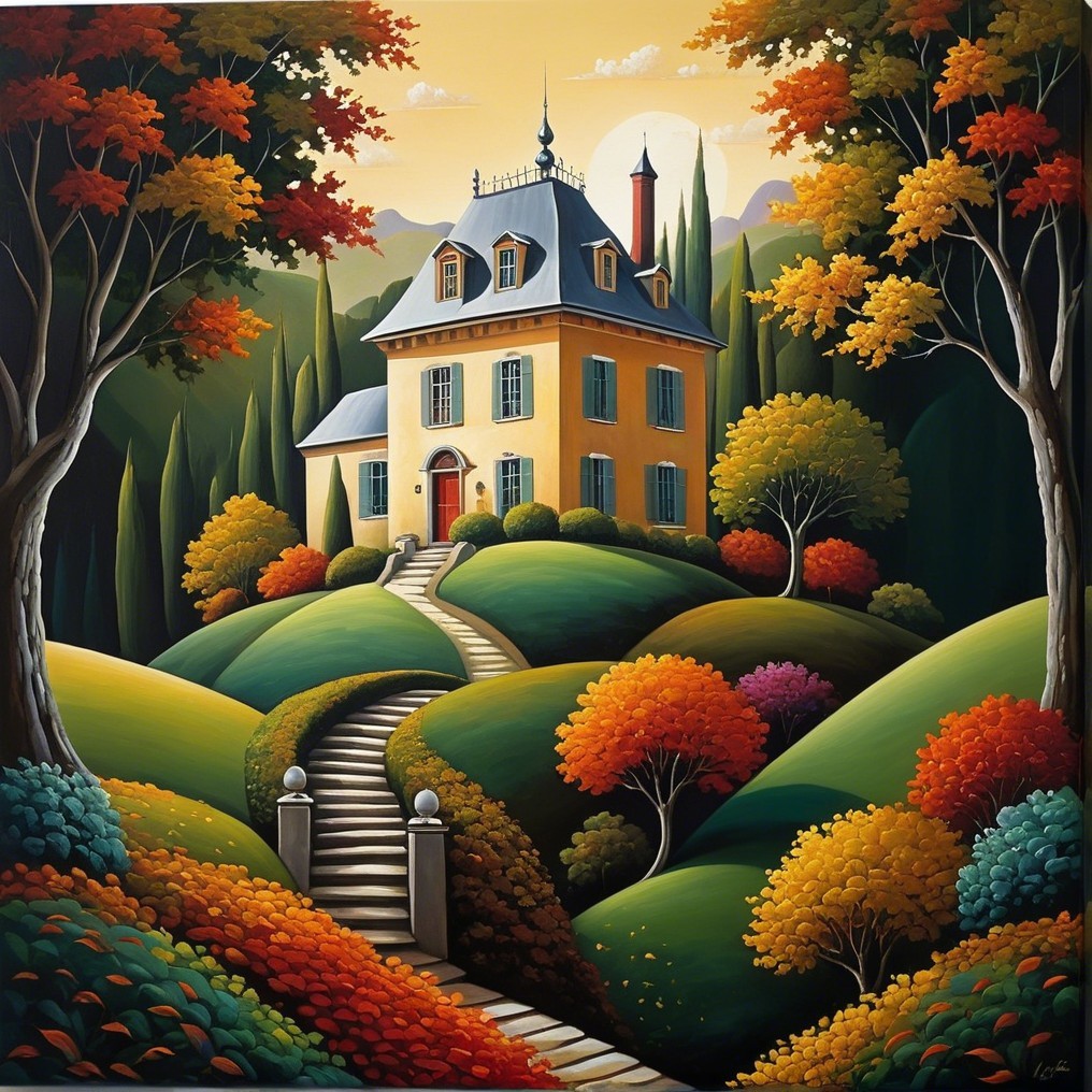 Vibrant Landscape with Yellow House and Autumn Foliage