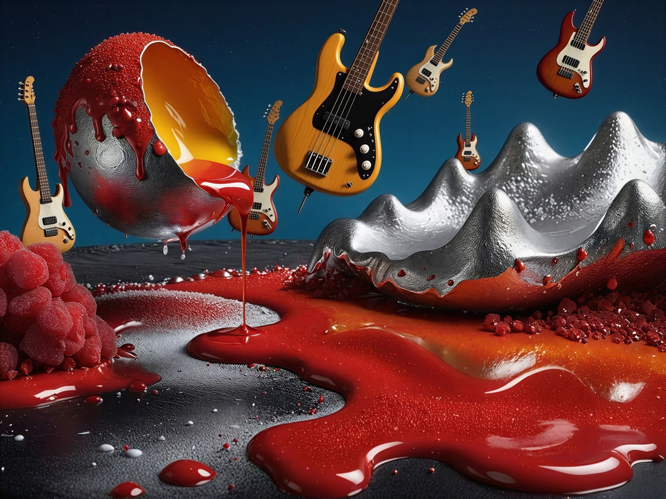 Surreal Still Life with Broken Metallic Egg and Raspberries