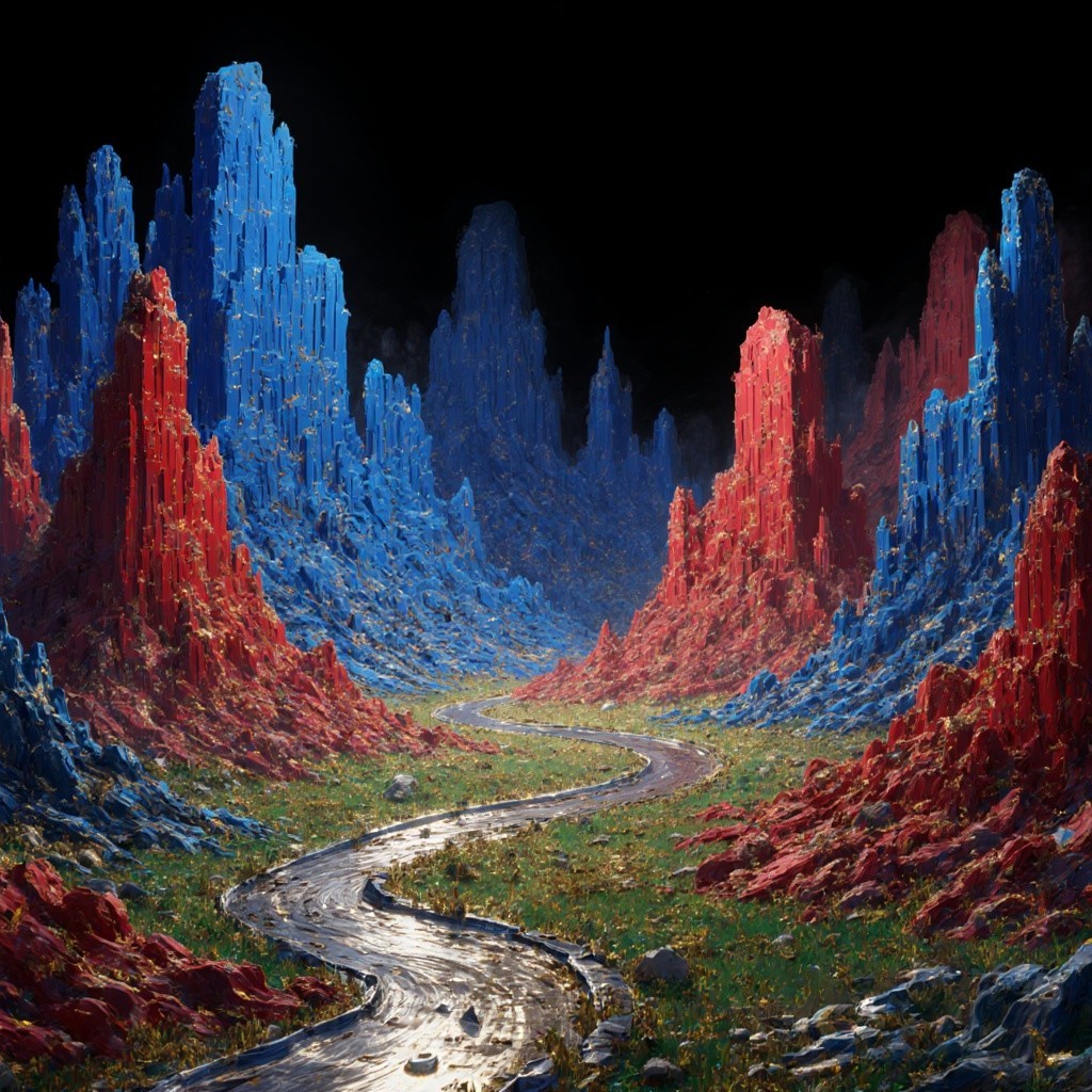Surreal Landscape with Crystalline Formations and River