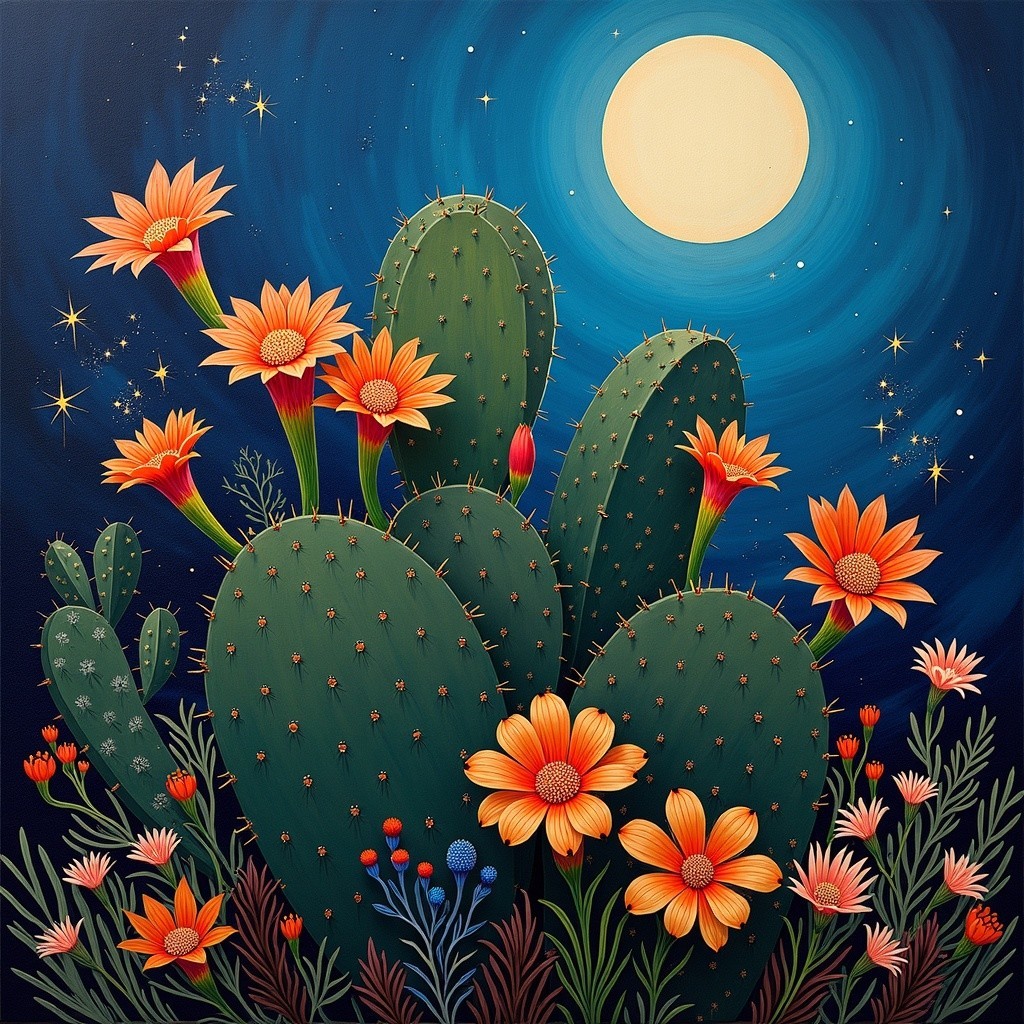 Prickly Pear Cacti with Orange Flowers Under Moonlight