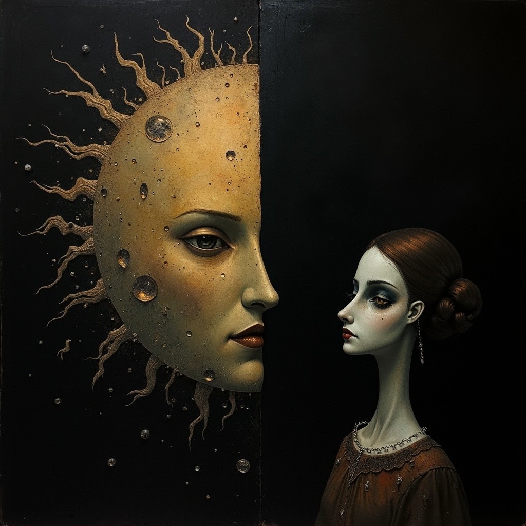 Sun and Woman Contrast in Surreal Artwork