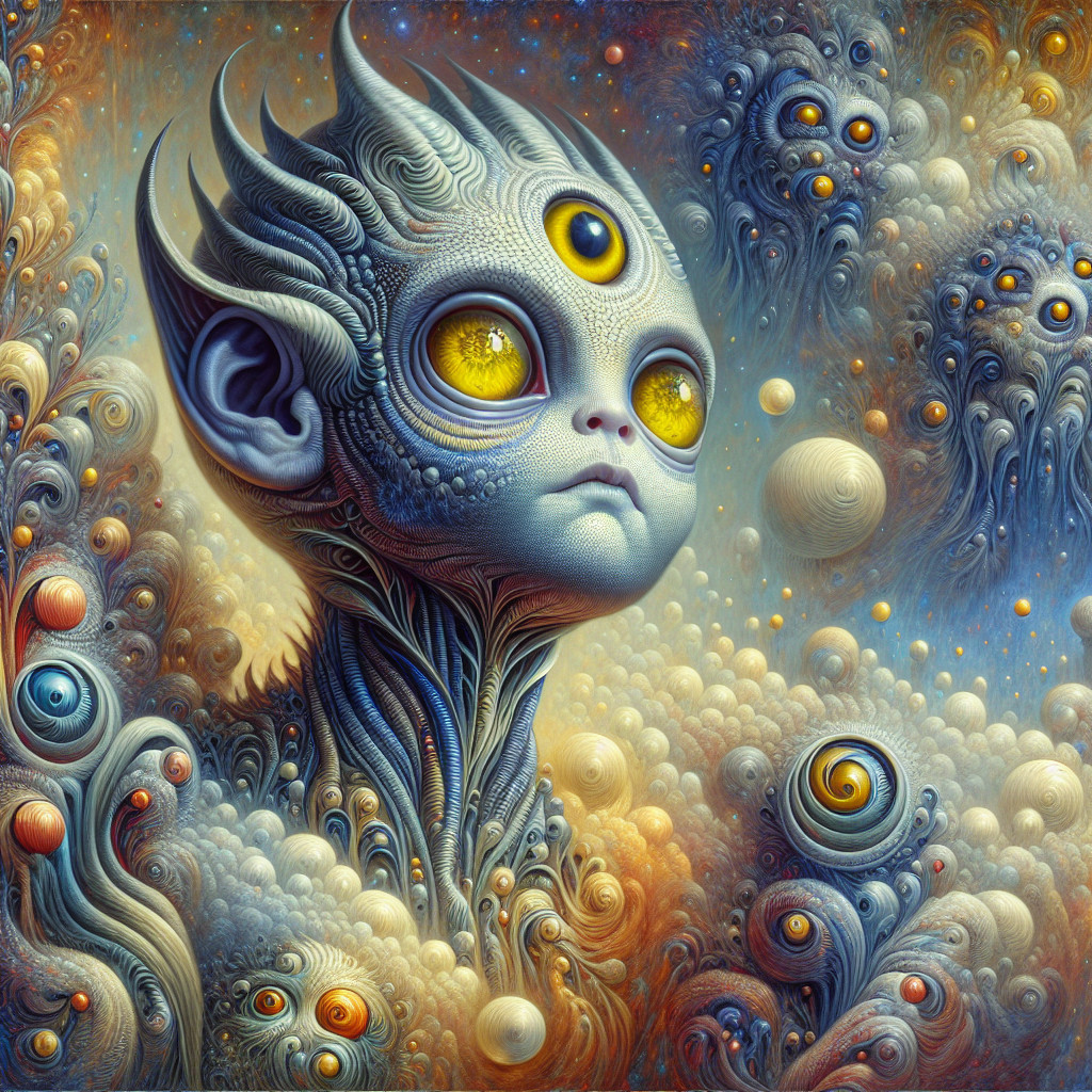 Surreal Cosmic Figure with Luminous Yellow Eyes