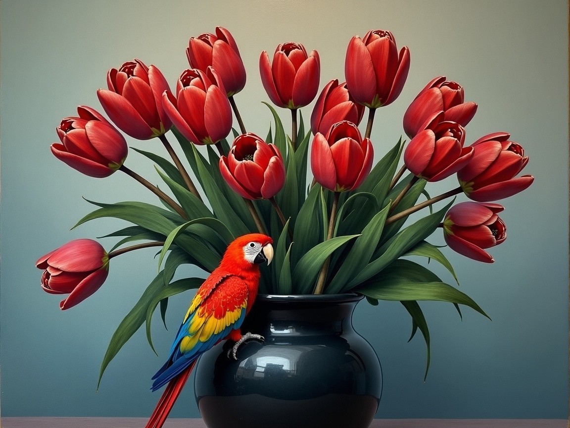 Red Tulips and Colorful Parrot in Black Vase