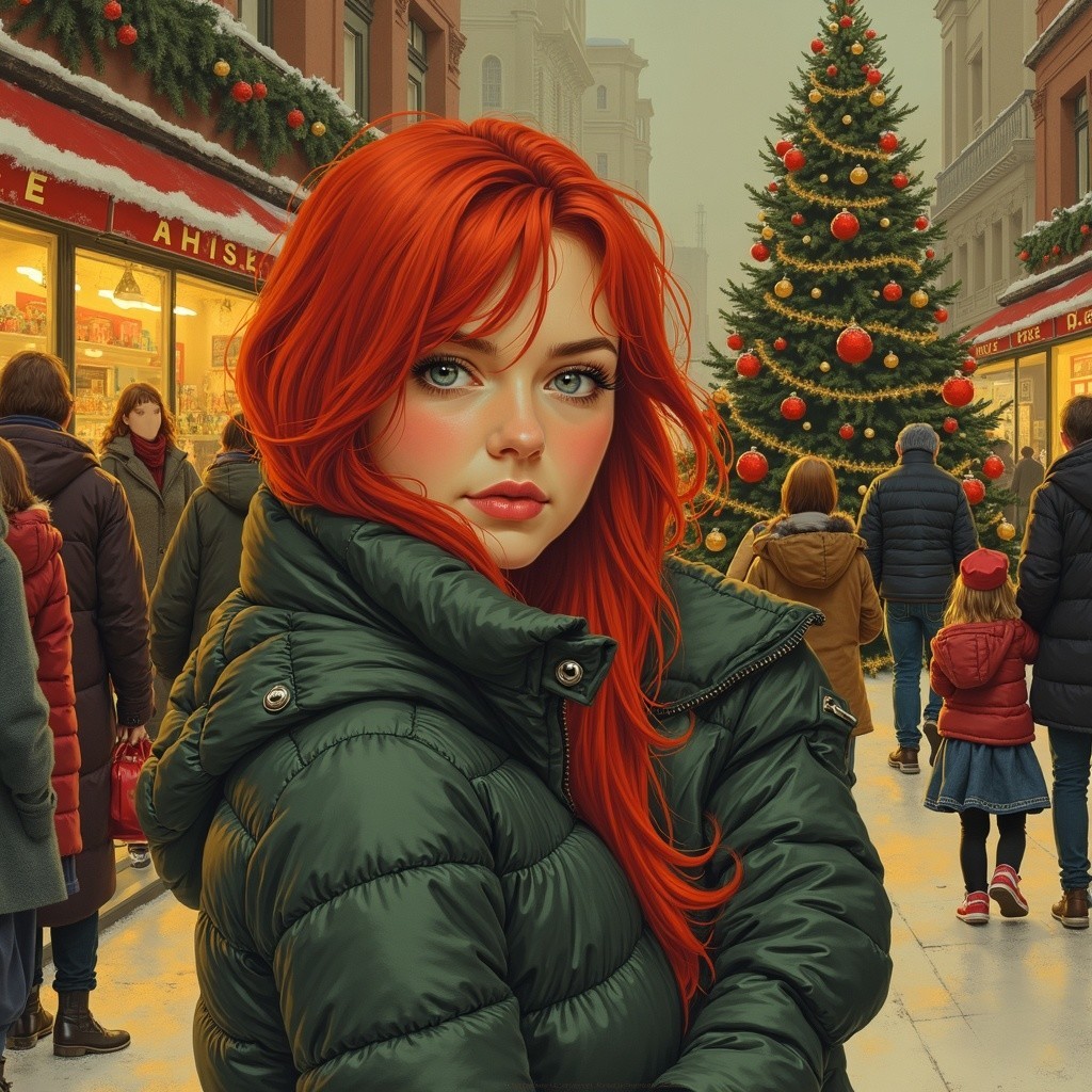 Young Woman by Christmas Tree in Holiday Market