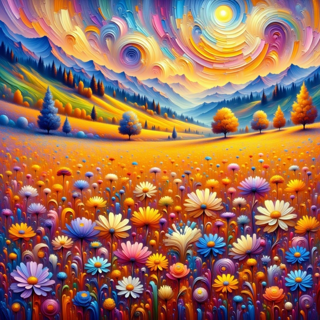 Vibrant Landscape with Colorful Wildflowers and Sunset