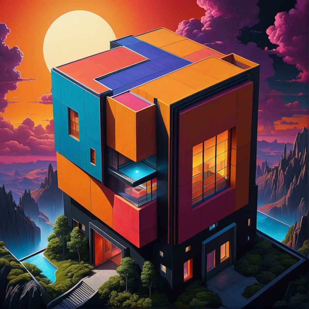 Modern Cube-Shaped House with Sunset and Mountains