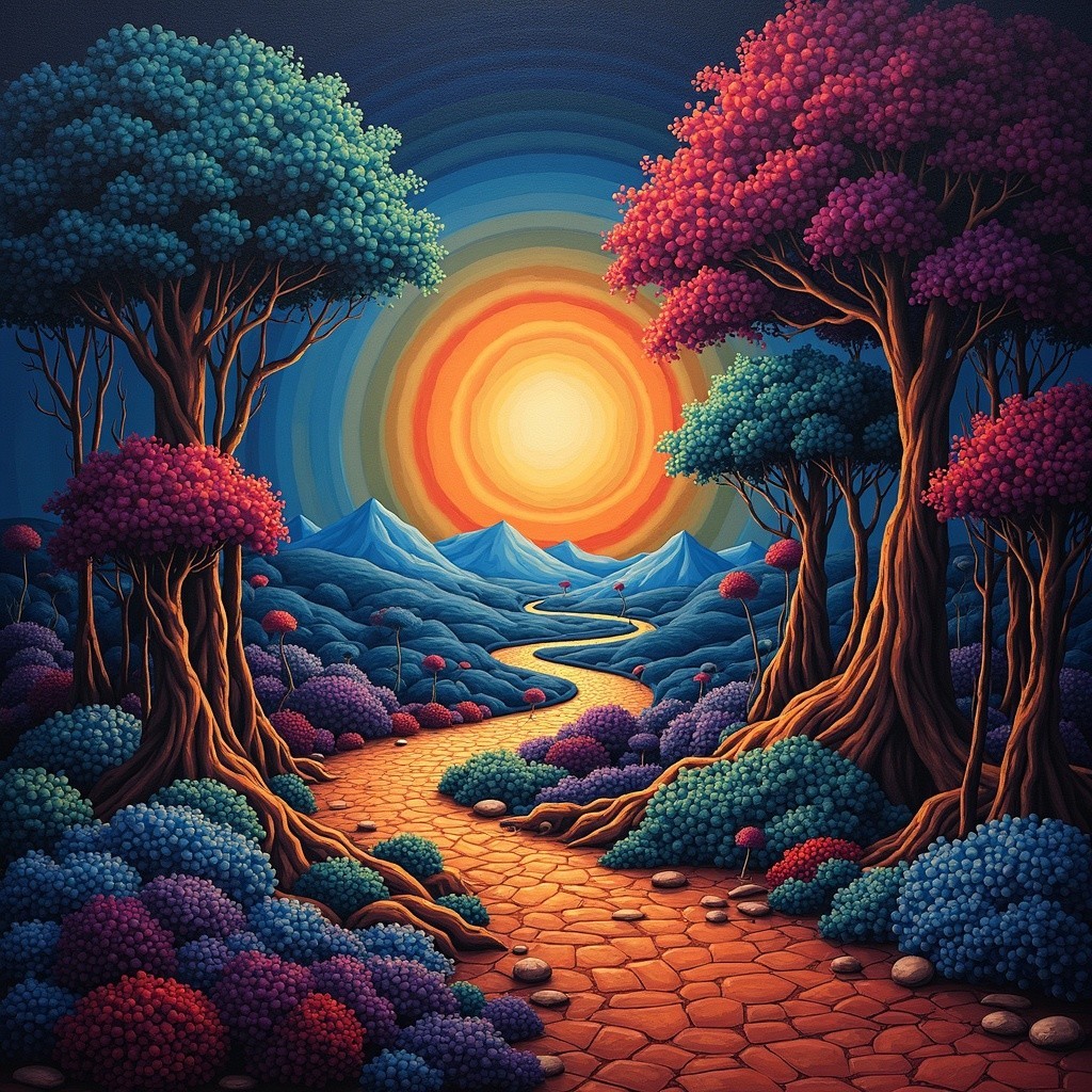 Vibrant landscape with winding path and colorful trees