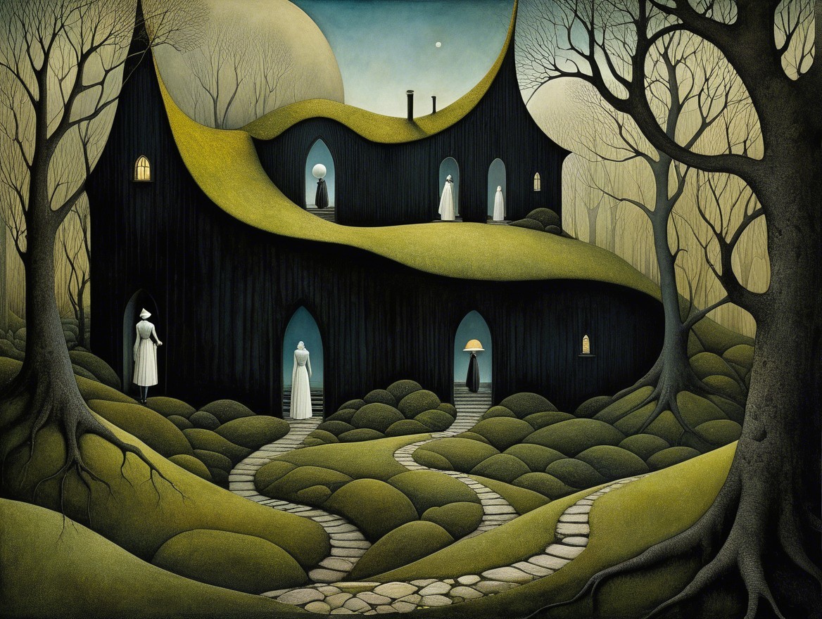 Surreal Landscape with Black House and Mysterious Figures