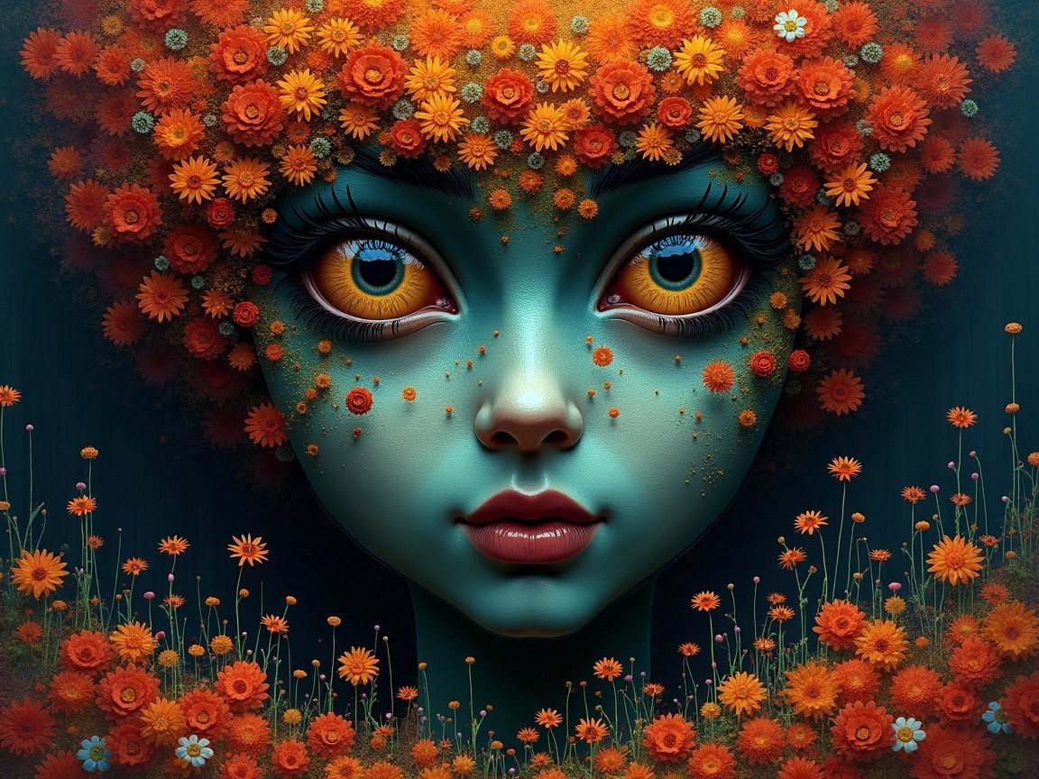 Portrait of a girl with turquoise face and floral crown