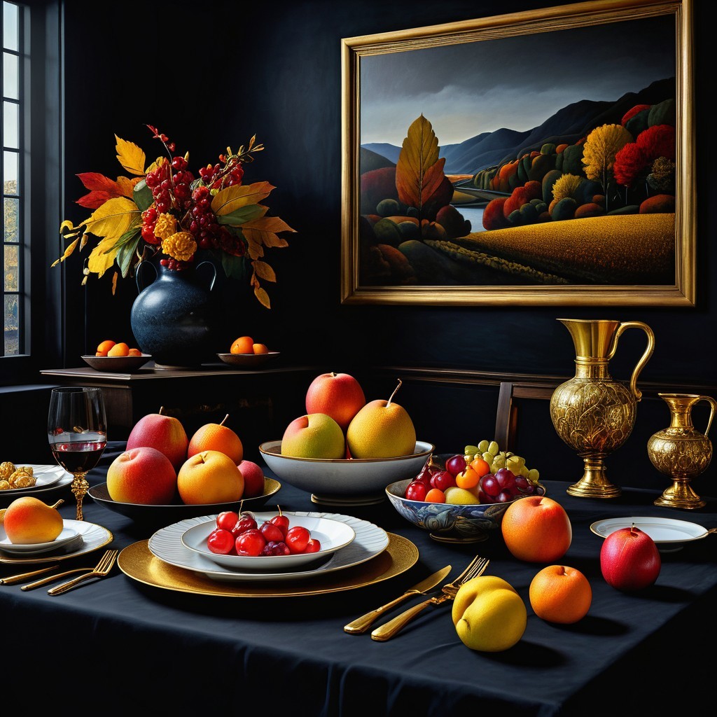 Luxurious Dining Table with Colorful Fruits and Decor