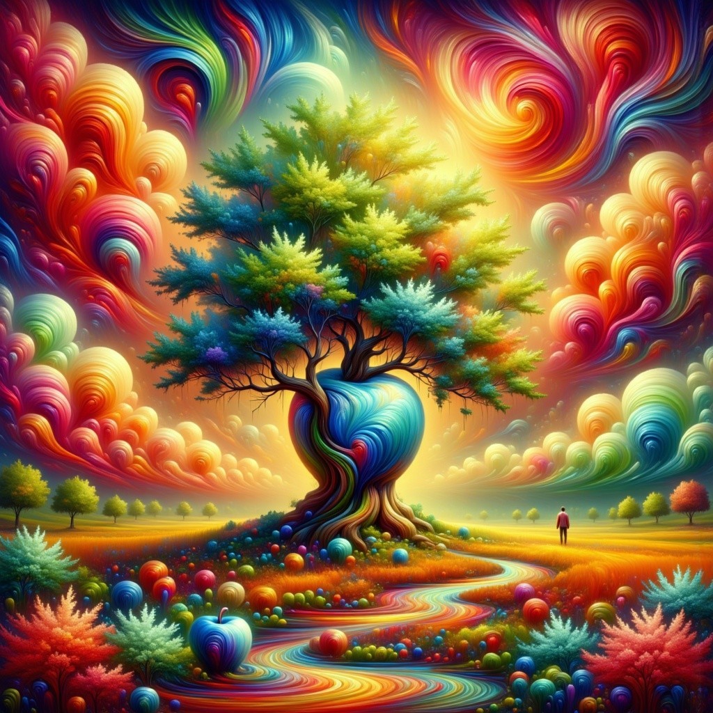 Surreal Landscape with Vibrant Tree and Colorful Orbs
