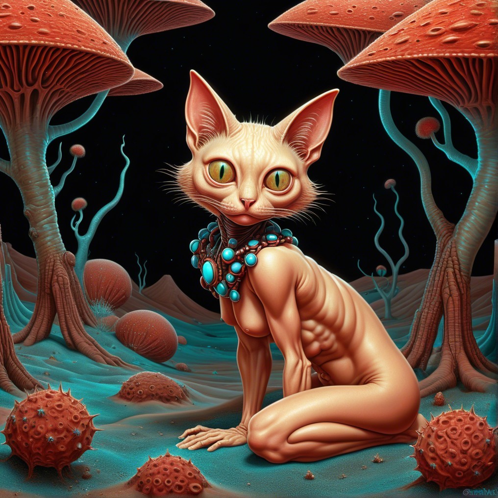 Surreal Cat in Cosmic Landscape with Vibrant Flora