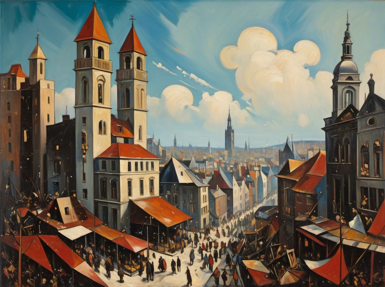 Detailed Painting of a Bustling City Market Scene