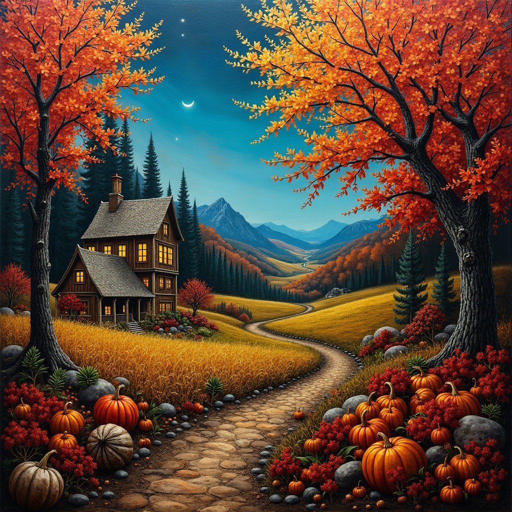 Rustic House Surrounded by Autumn Foliage and Hills