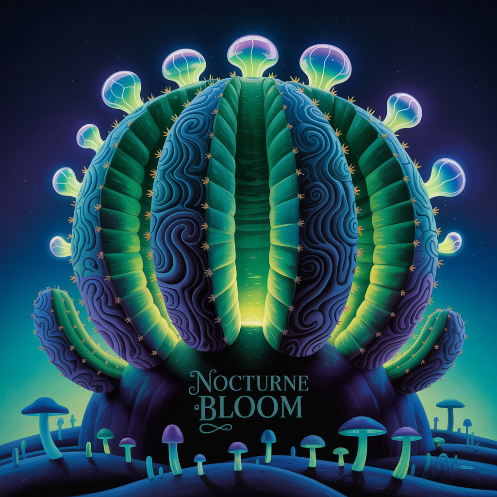 Vibrant Cactus with Bioluminescent Elements at Night