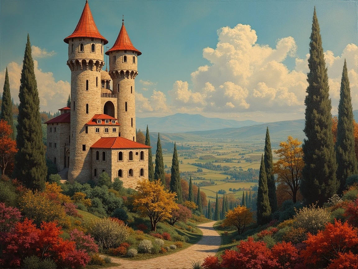 Picturesque Castle Surrounded by Rolling Hills and Foliage