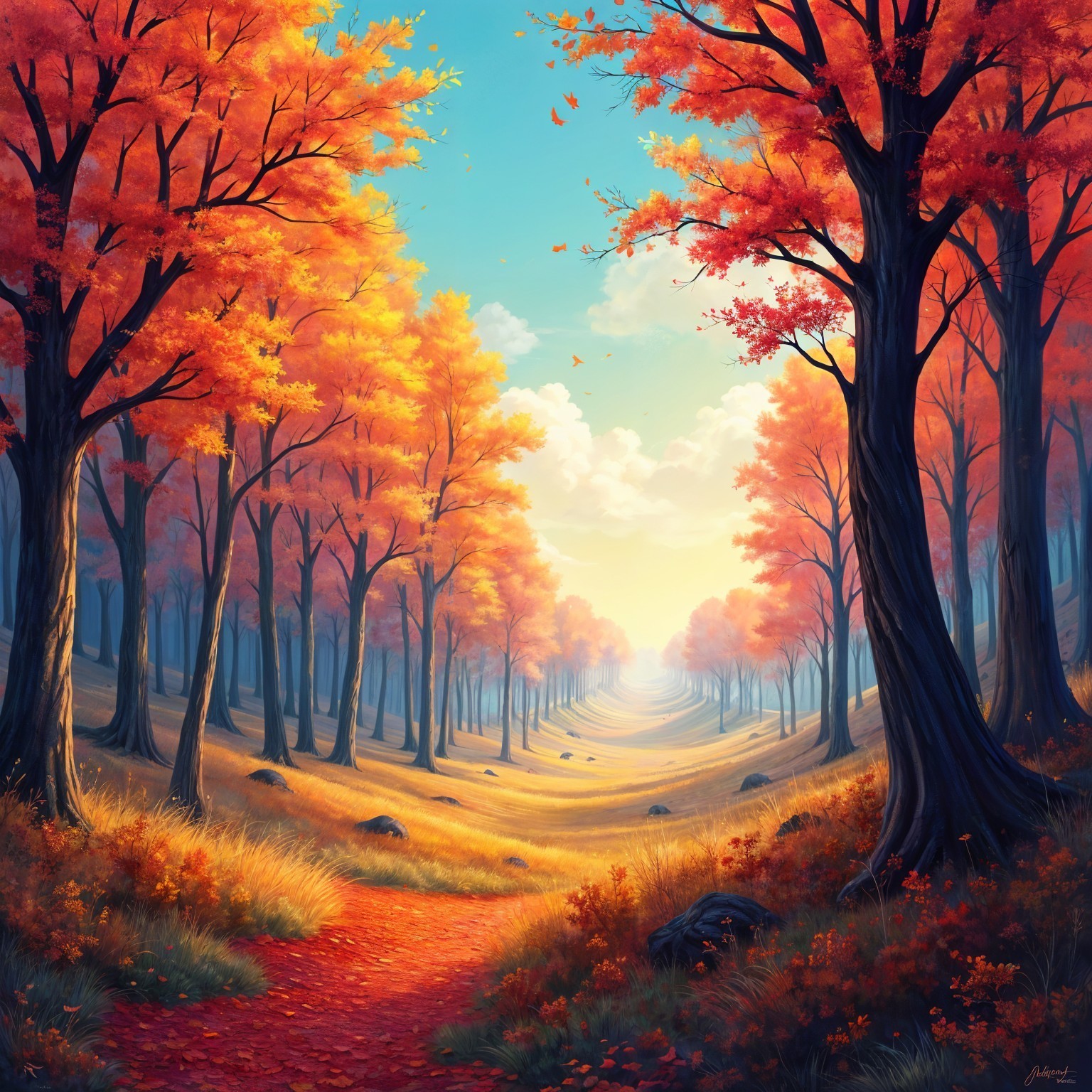 Vibrant Autumn Forest Path with Sunlit Landscape