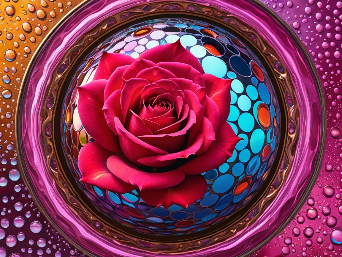 Surreal Image of Pink Rose in Glossy Orb with Colorful Background