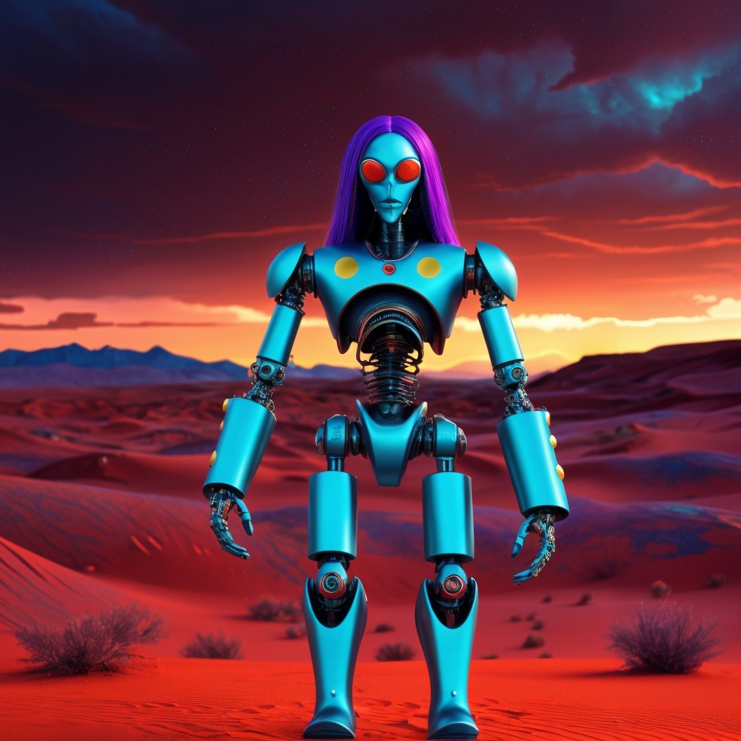 Futuristic robot in vibrant desert landscape at sunset