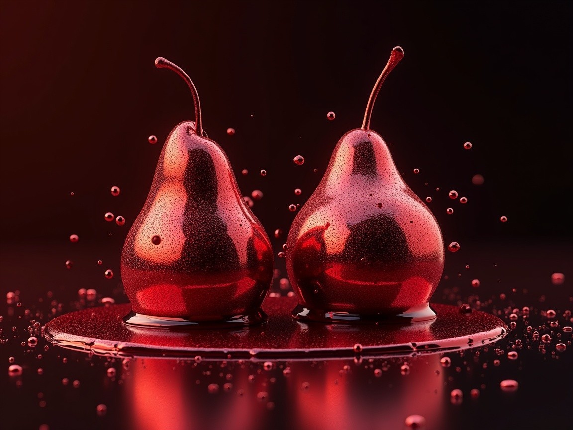Glossy Red Pears on Reflective Surface with Liquid Splashes
