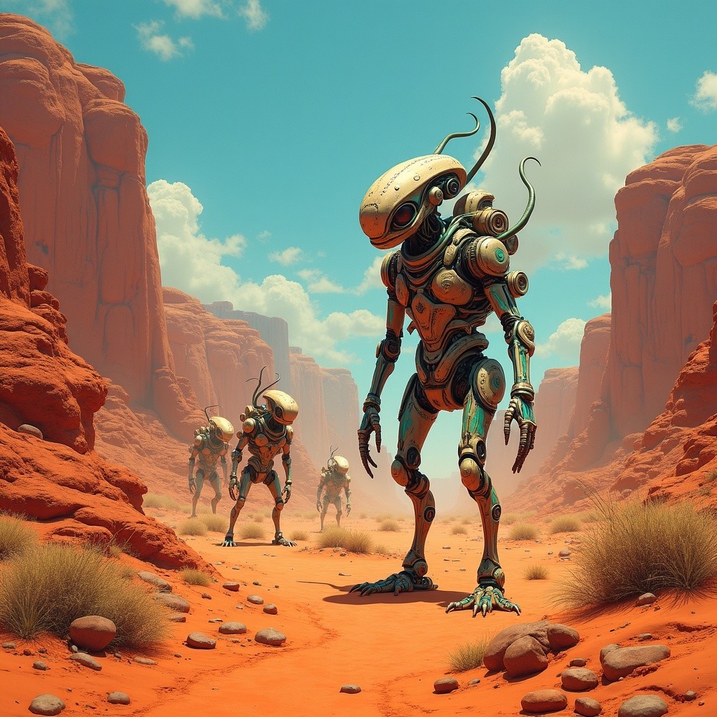 Humanoid Robots in a Vibrant Desert Landscape