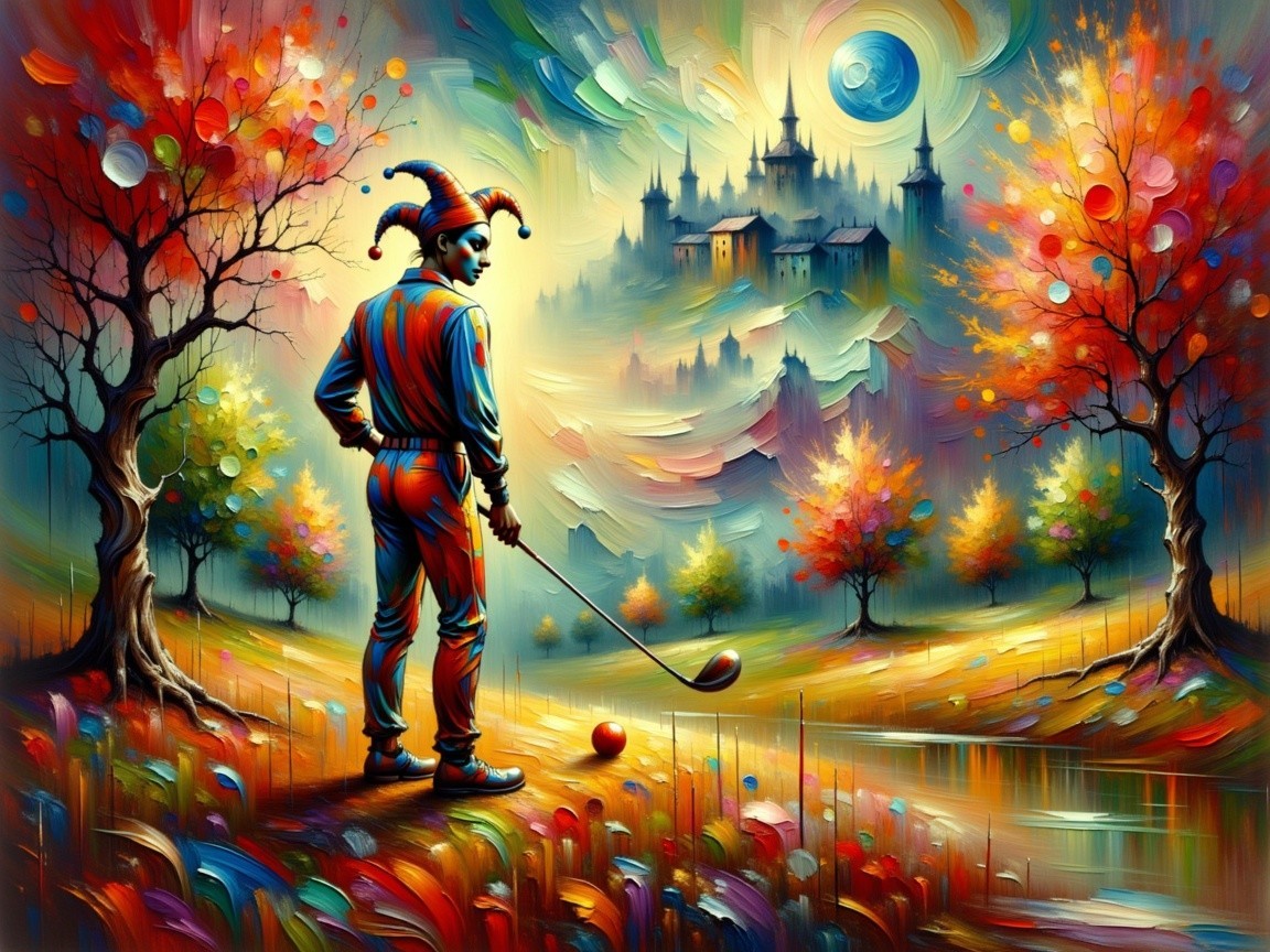 Vibrant Landscape with Jester and Whimsical Castle