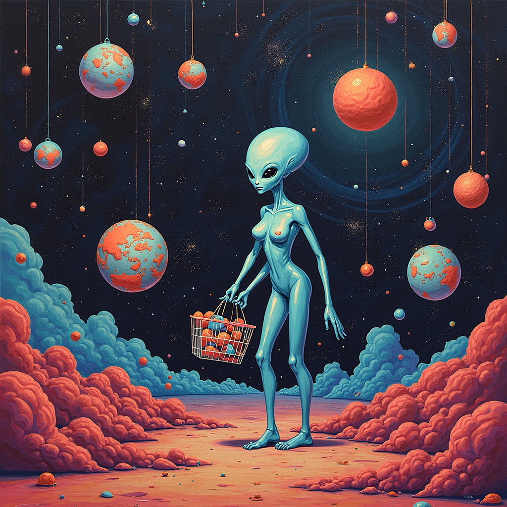 Alien Figure with Fruit Basket in Cosmic Landscape