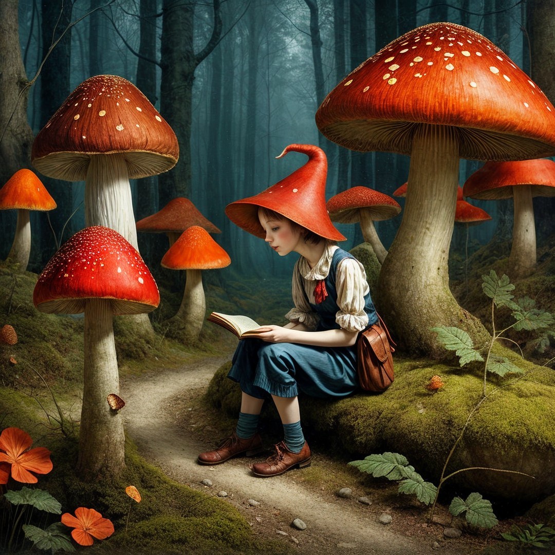 Whimsical Forest Scene with a Girl and Mushrooms