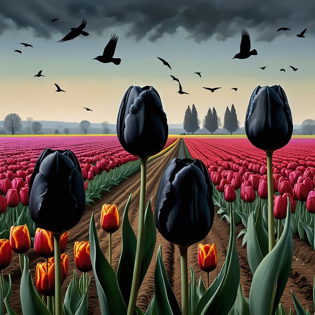 Vibrant Tulip Fields with Dark Clouds and Trees
