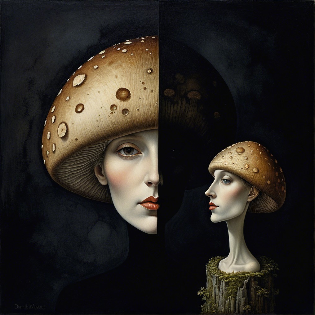 Surreal Portrait of Woman Merged with Mushroom Cap
