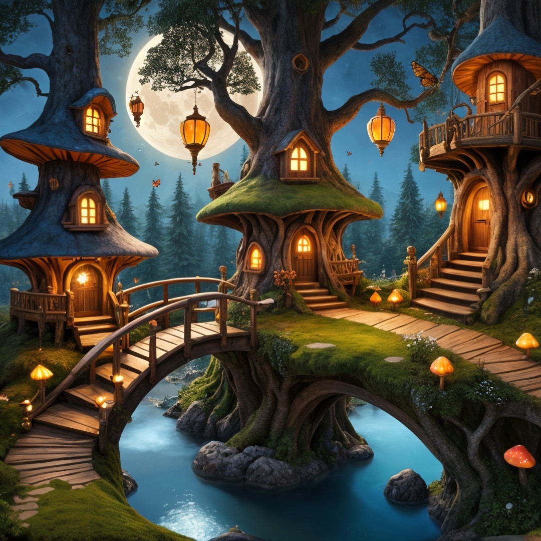 Enchanting Treehouses in a Moonlit Forest Scene
