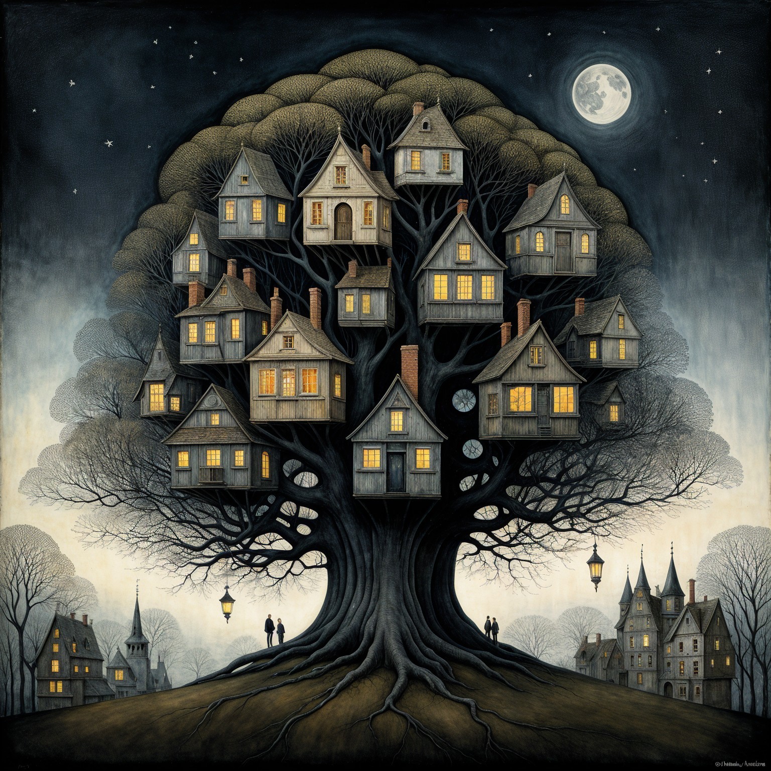 Surreal Tree with Houses Under a Moonlit Sky