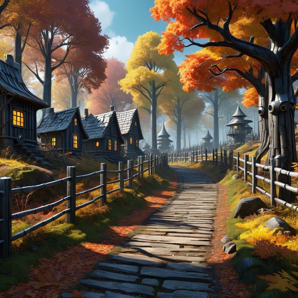 Charming Village Lane Surrounded by Autumn Trees