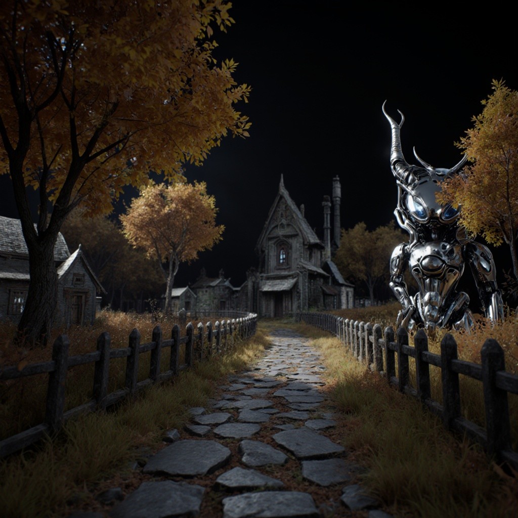 Winding Stone Path in Autumn Landscape with Robotics