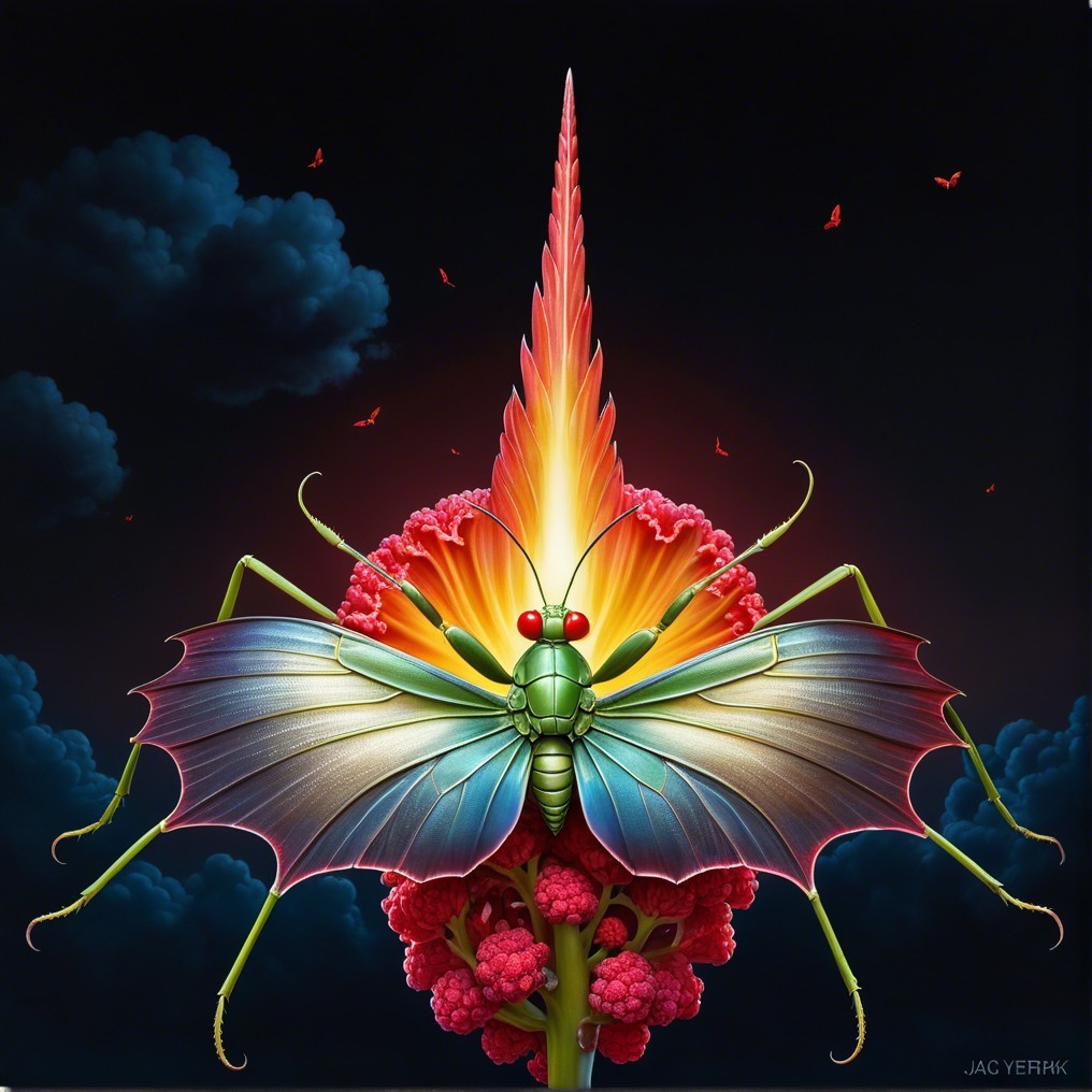 Vibrant Insect with Colorful Wings Among Flowers