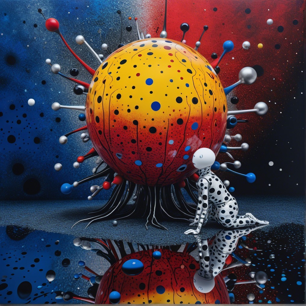 Surreal Artwork with Vibrant Sun and Colorful Orbs