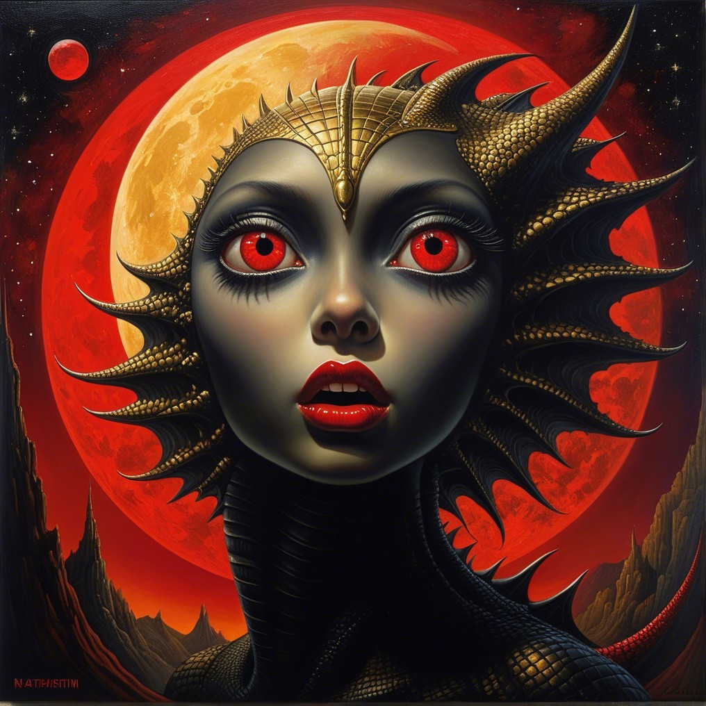 Fantastical Figure with Reptilian Texture and Red Moon