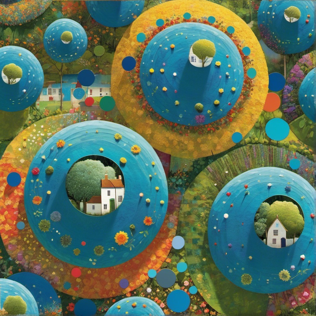 Whimsical Landscape with Colorful Circular Hills and Homes