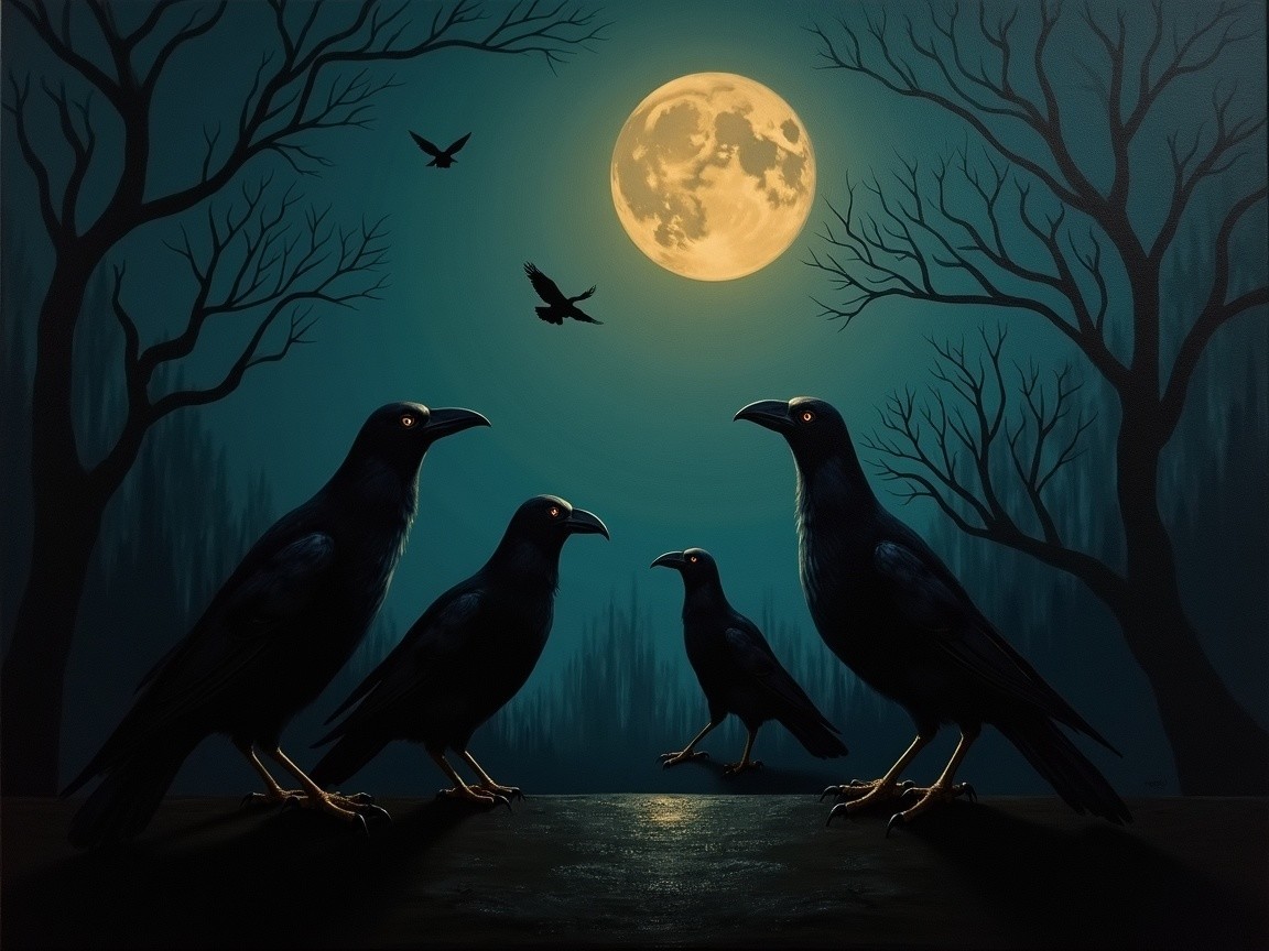 Ravens Under Moonlight with Glowing Eyes and Shadows