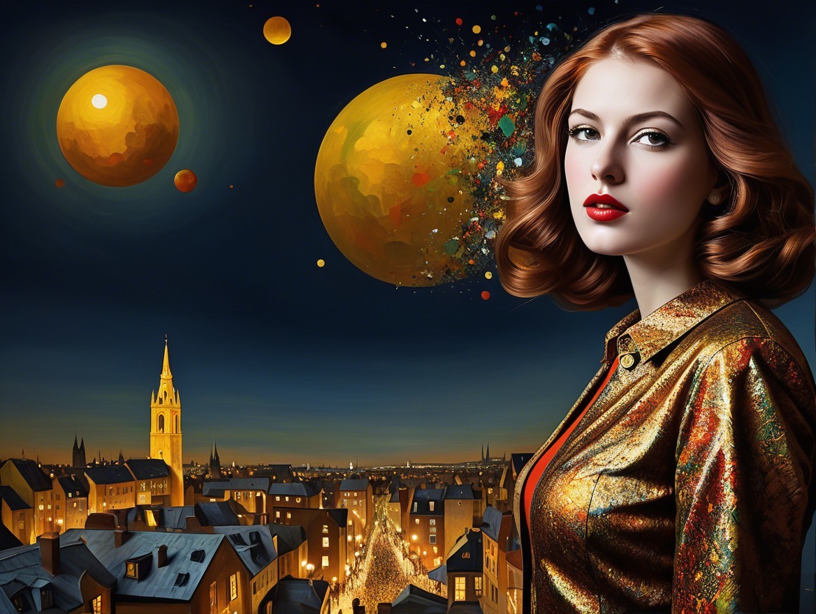 Woman with Red Hair in Starry Night Scene